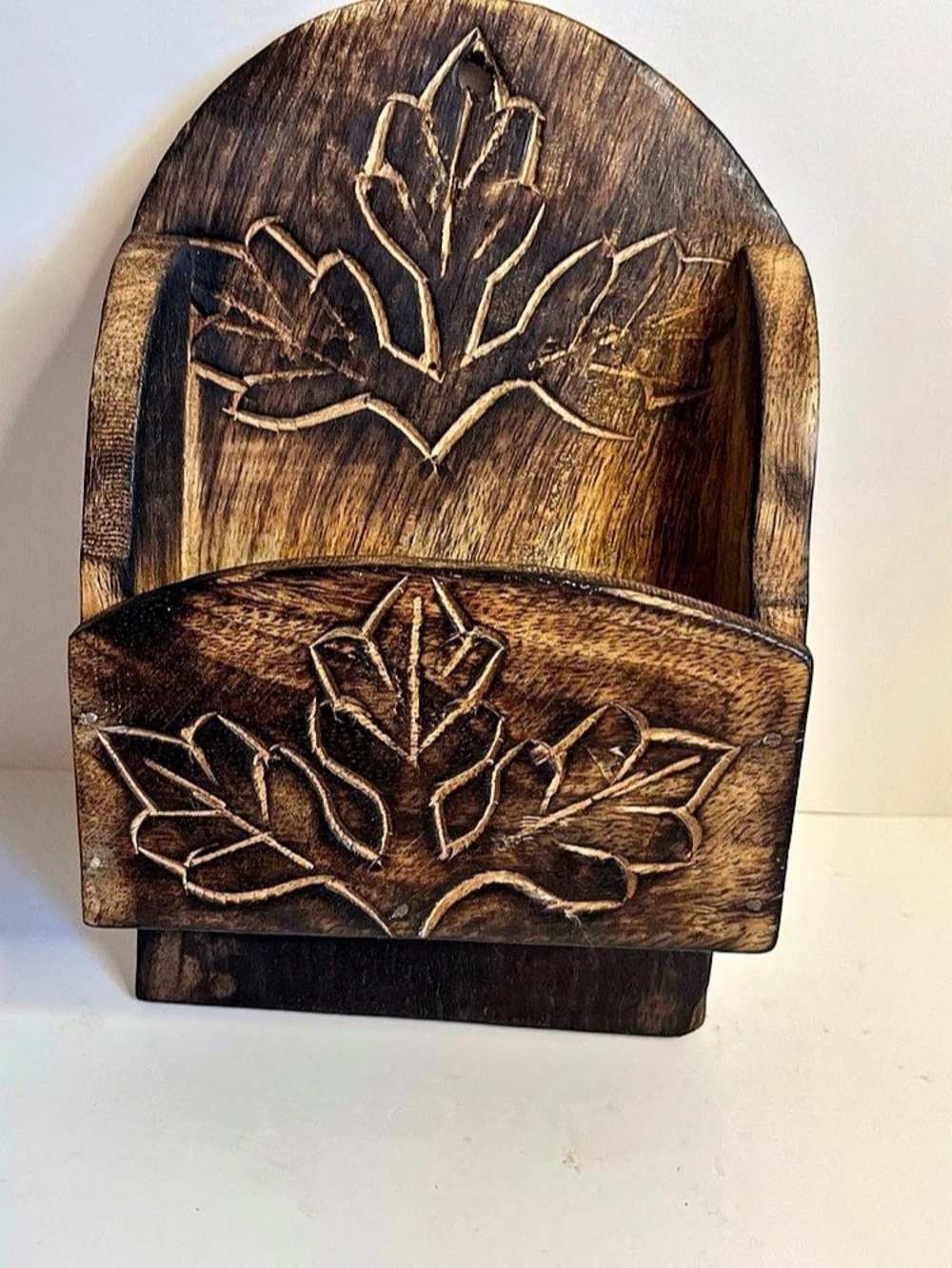 Carved Wooden Wall-Mount Organizer in Brown